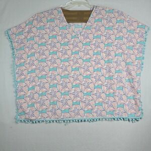 Simply Southern Women Sand Dollar Print Tunic Beach Cover Up Poncho Pom Pom Trim